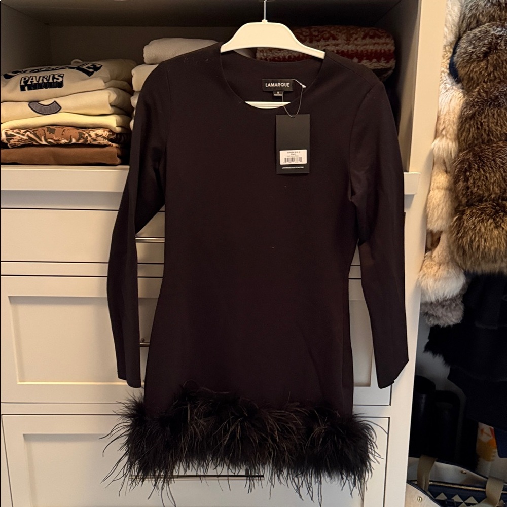 Lamarque Black Mini Dress with Feather Hem